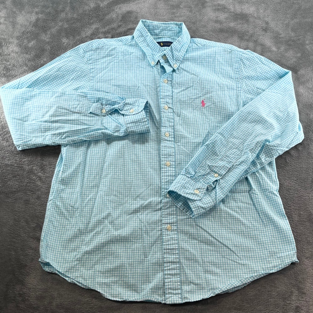 Polo Ralph Lauren Gingham Shirt Men Large Blue White Pink Pony Cotton ButtonDown